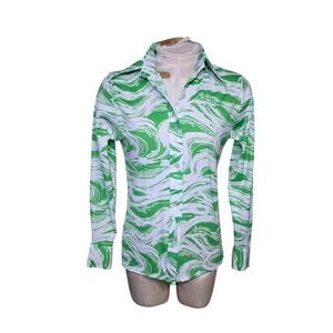 VTG 7Os Women's M Psychedelic Green White Polyester Button Down Shirt